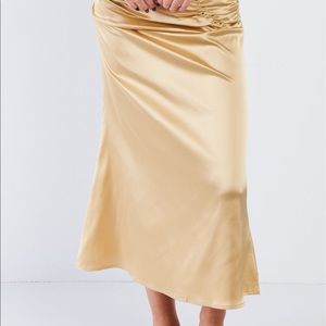 Satin ruffle waist midi skirt